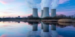Nuclear,Power,Plant,After,Sunset.,Dusk,Landscape,With,Big,Chimneys.